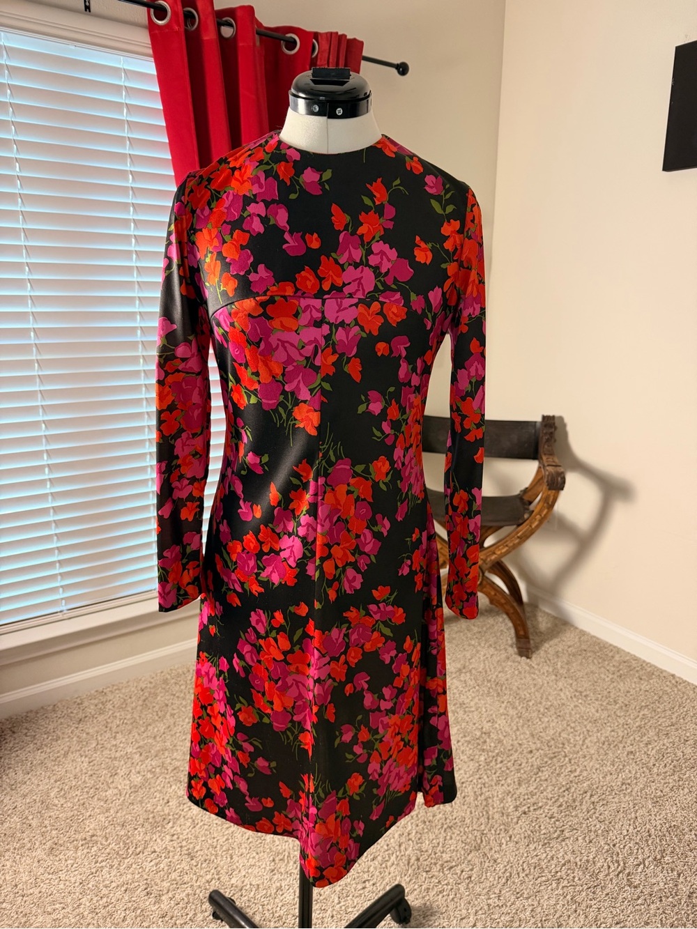 Vintage Black/Red/Pink Long-Sleeve Floral A-Line Dress.
